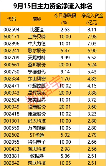 主力资金 | 尾盘4只算力硬件股遭抛售